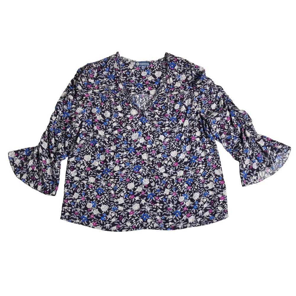 Democracy Floral Blouse Womens PM Purple Blue Ruched Bell Sleeve V-Neck Top Boho